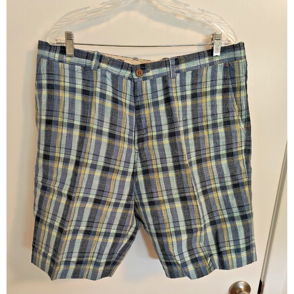 TOMMY BAHAMA Plaid Blue Linen Blend Shorts Mens Size 38 Paradise Nation